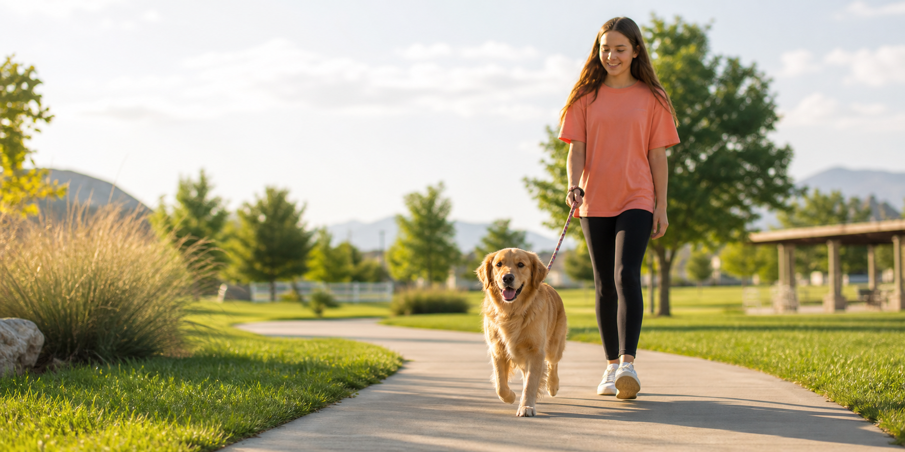 Happy dog being walked in a park
